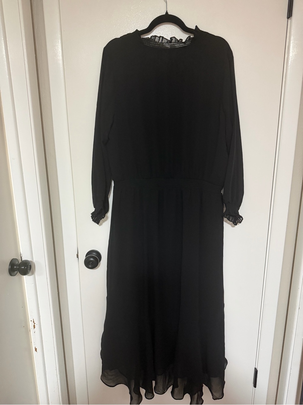 STATE Black Long Sleeve Midi Dress with Ruffle Trim